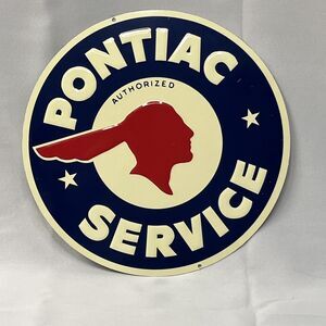 Vintage Pontiac Service Tin Metal Sign Chief Emblem Auto Shop Car Garage